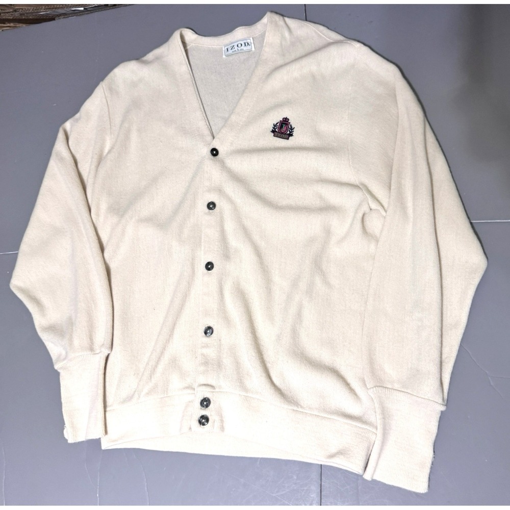 Izod Cardigan Mens Large Ivory Cream 100 Acrylic Button Long Sleeve Grandpa Vtg